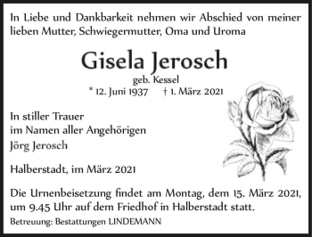 Traueranzeige von Gisela Jerosch (geb. Kessel)  von Magdeburger Volksstimme