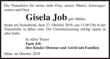 Traueranzeige von Gisela Job (geb. Müller)  von Magdeburger Volksstimme