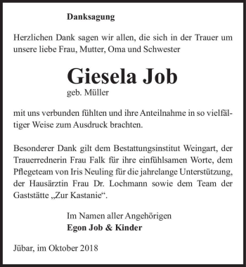 Traueranzeige von Gisela Job (geb. Müller)  von Magdeburger Volksstimme