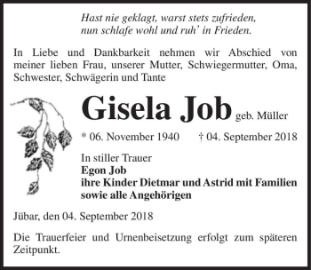 Traueranzeige von Gisela Job (geb. Müller)  von Magdeburger Volksstimme