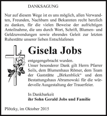 Traueranzeige von Gisela Jobs  von Magdeburger Volksstimme