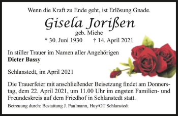 Traueranzeige von Gisela Jorißen (geb. Miehe)  von Magdeburger Volksstimme