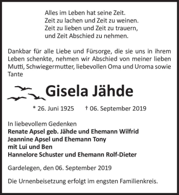 Traueranzeige von Gisela Jähde  von Magdeburger Volksstimme