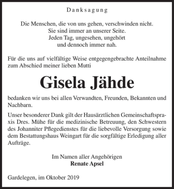 Traueranzeige von Gisela Jähde  von Magdeburger Volksstimme