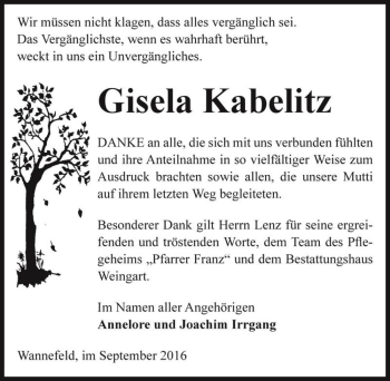 Traueranzeige von Gisela Kabelitz  von Magdeburger Volksstimme
