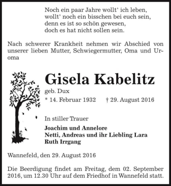 Traueranzeige von Gisela Kabelitz (geb. Dux)  von Magdeburger Volksstimme