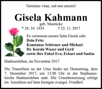 Traueranzeige von Gisela Kahmann (geb. Maenicke)  von Magdeburger Volksstimme