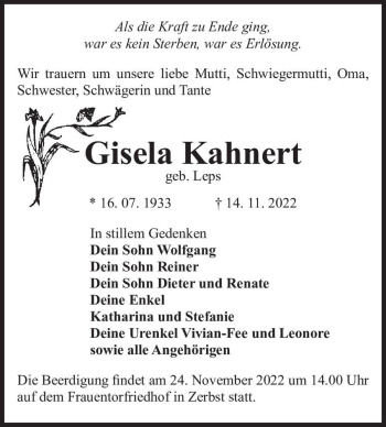 Traueranzeige von Gisela Kahnert (geb. Leps)  von Magdeburger Volksstimme