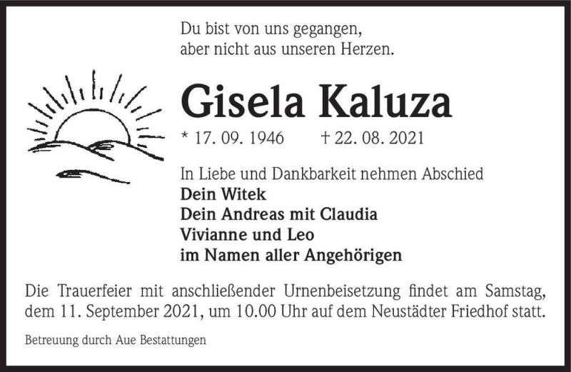  Traueranzeige für Gisela Kaluza  vom 28.08.2021 aus Magdeburger Volksstimme