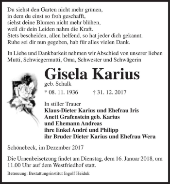 Traueranzeige von Gisela Karius (geb. Schalk)  von Magdeburger Volksstimme