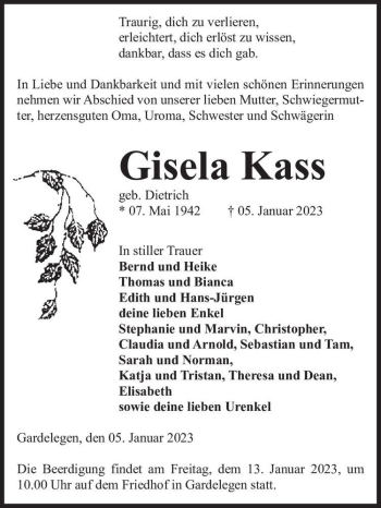 Traueranzeige von Gisela Kass (geb. Dietrich)  von Magdeburger Volksstimme