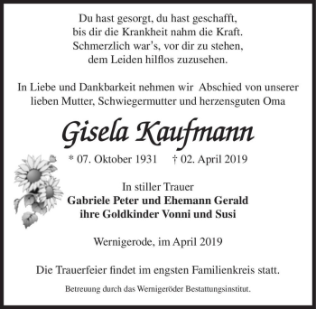 Traueranzeige von Gisela Kaufmann  von Magdeburger Volksstimme