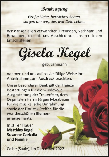 Traueranzeige von Gisela Kegel (geb. Lehmann)  von Magdeburger Volksstimme