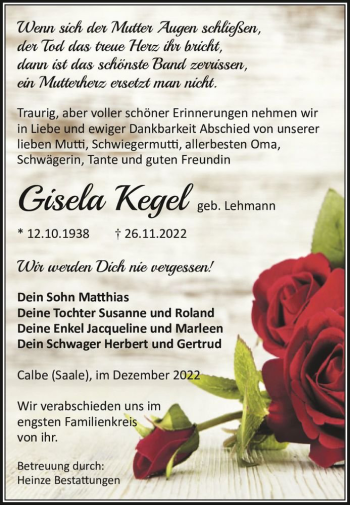 Traueranzeige von Gisela Kegel (geb. Lehmann)  von Magdeburger Volksstimme