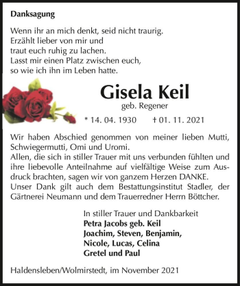 Traueranzeige von Gisela Keil (geb. Regener)  von Magdeburger Volksstimme