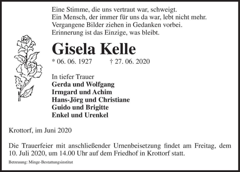  Traueranzeige für Gisela Kelle  vom 04.07.2020 aus Magdeburger Volksstimme