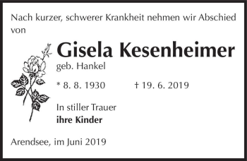 Traueranzeige von Gisela Kesenheimer (geb. Hankel)  von Magdeburger Volksstimme