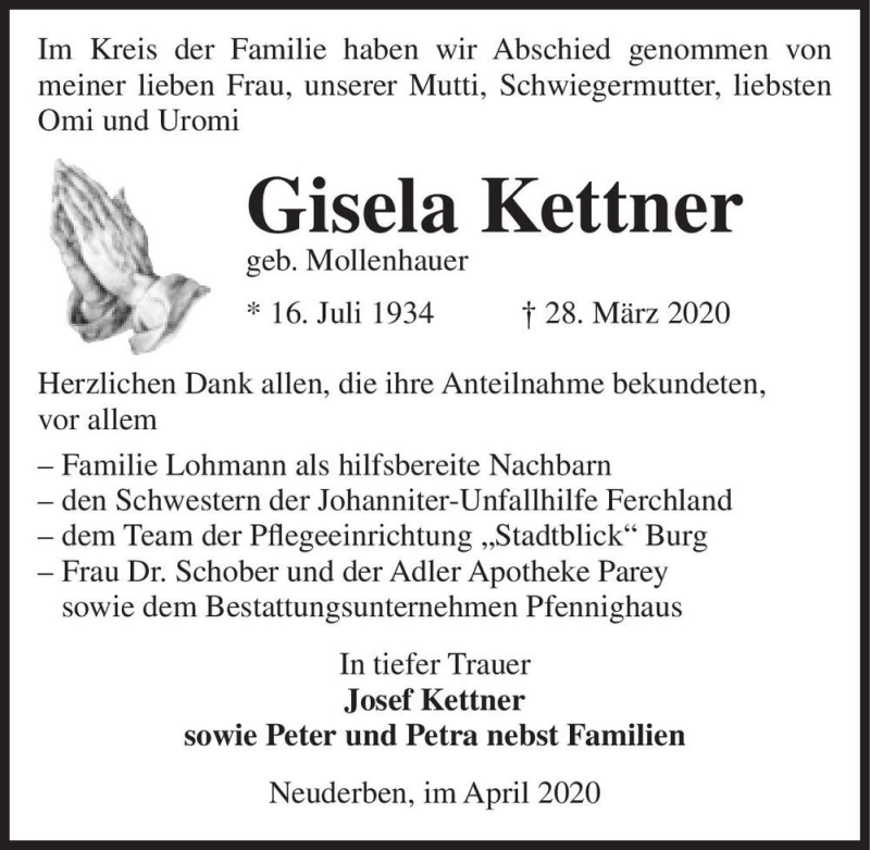  Traueranzeige für Gisela Kettner (geb. Mollenhauer)  vom 18.04.2020 aus Magdeburger Volksstimme
