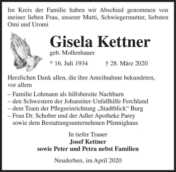 Traueranzeige von Gisela Kettner (geb. Mollenhauer)  von Magdeburger Volksstimme