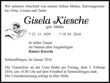 Traueranzeige von Gisela Kiesche (geb. Müller)  von Magdeburger Volksstimme