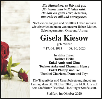Traueranzeige von Gisela Kiesow (geb. Weber)  von Magdeburger Volksstimme