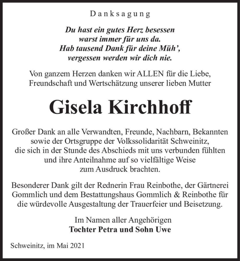  Traueranzeige für Gisela Kirchhoff  vom 29.05.2021 aus Magdeburger Volksstimme