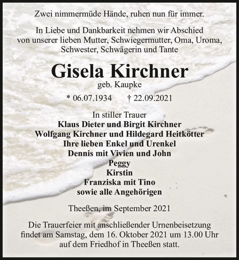  Traueranzeige für Gisela Kirchner (geb. Kaupke)  vom 02.10.2021 aus Magdeburger Volksstimme