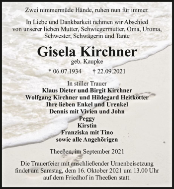 Traueranzeige von Gisela Kirchner (geb. Kaupke)  von Magdeburger Volksstimme