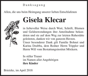Traueranzeige von Gisela Klecar  von Magdeburger Volksstimme