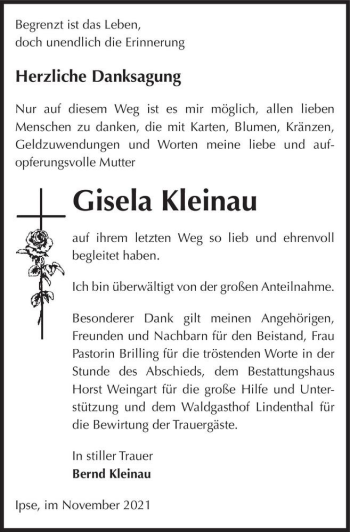 Traueranzeige von Gisela Kleinau  von Magdeburger Volksstimme