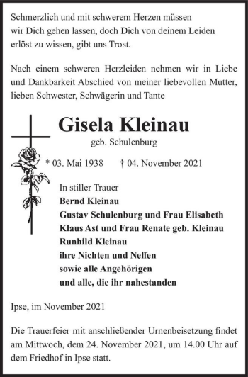Traueranzeige von Gisela Kleinau (geb. Schulenburg)  von Magdeburger Volksstimme