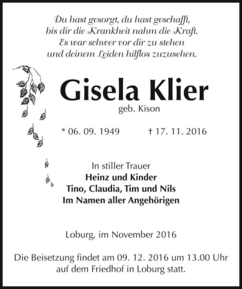 Traueranzeige von Gisela Klier (geb. Kison)  von Magdeburger Volksstimme