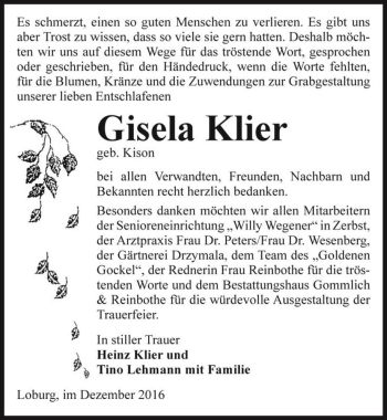 Traueranzeige von Gisela Klier (geb. Kison)  von Magdeburger Volksstimme