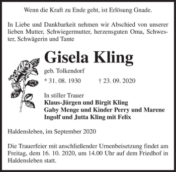 Traueranzeige von Gisela Kling (geb. Tolkendorf)  von Magdeburger Volksstimme