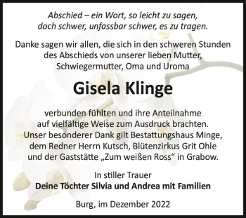 Traueranzeige von Gisela Klinge  von Magdeburger Volksstimme