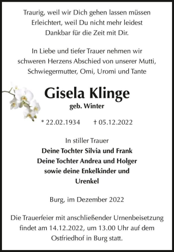 Traueranzeige von Gisela Klinge (geb. Winter)  von Magdeburger Volksstimme
