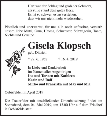 Traueranzeige von Gisela Klopsch (geb. Dittrich)  von Magdeburger Volksstimme