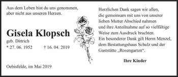 Traueranzeige von Gisela Klopsch (geb. Dittrich)  von Magdeburger Volksstimme