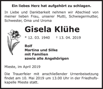 Traueranzeige von Gisela Klühe  von Magdeburger Volksstimme