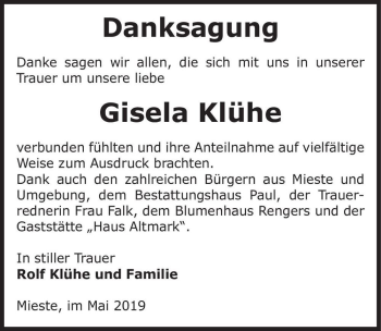 Traueranzeige von Gisela Klühe  von Magdeburger Volksstimme