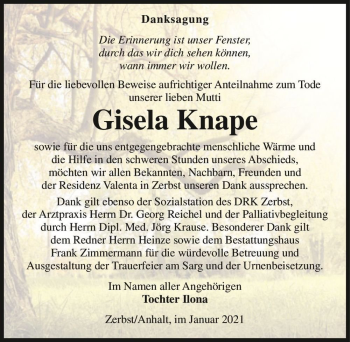 Traueranzeige von Gisela Knape  von Magdeburger Volksstimme