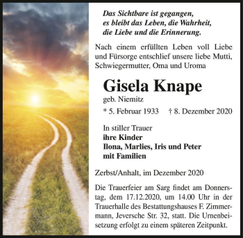 Traueranzeige von Gisela Knape (geb. Niemitz)  von Magdeburger Volksstimme