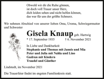 Traueranzeige von Gisela Knaup (geb. Hartwig)  von Magdeburger Volksstimme