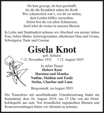 Traueranzeige von Gisela Knot (geb. Schulze)  von Magdeburger Volksstimme