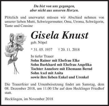 Traueranzeige von Gisela Knust (geb. Nöpel)  von Magdeburger Volksstimme