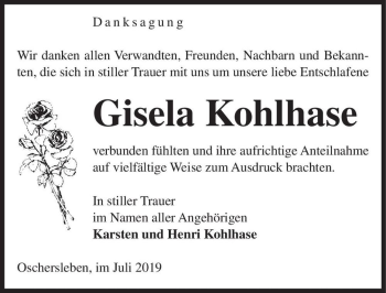 Traueranzeige von Gisela Kohlhase  von Magdeburger Volksstimme
