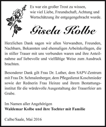 Traueranzeige von Gisela Kolbe  von Magdeburger Volksstimme