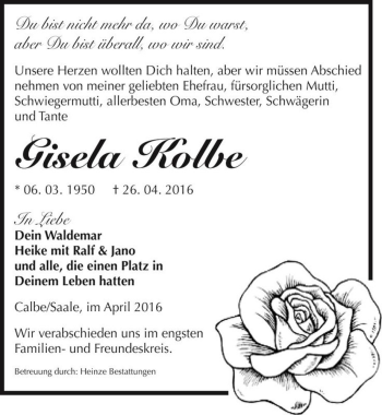 Traueranzeige von Gisela Kolbe  von Magdeburger Volksstimme