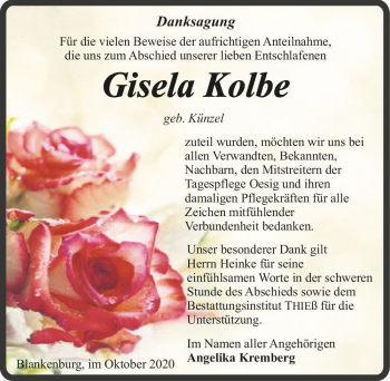 Traueranzeige von Gisela Kolbe (geb. Künzel)  von Magdeburger Volksstimme