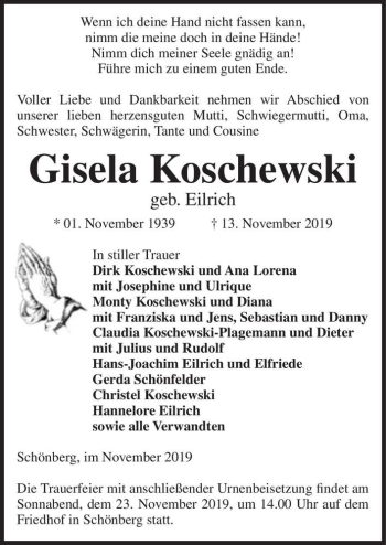Traueranzeige von Gisela Koschewski (geb. Eilrich)  von Magdeburger Volksstimme